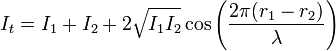 I_t = I_1 + I_2 + 2 \sqrt{I_1 I_2} \cos \left(\frac{2\pi(r_1-r_2)}{\lambda}\right)