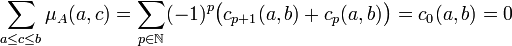 \sum_{a\le c\le b} \mu_A(a,c) = \sum_{p \in \N} (-1)^p\big(c_{p+1}(a,b) + c_p (a,b)\big) = c_0(a,b) = 0