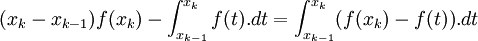 (x_k-x_{k-1})f(x_k)-\int_{x_{k-1}}^{x_k}f(t).dt=\int_{x_{k-1}}^{x_k}(f(x_k)-f(t)).dt