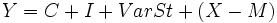   Y = C + I + VarSt + (X - M) \,