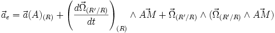 \vec{a}_e=\vec{a}(A)_{(R)}+\left ( \frac{d\vec{\Omega}_{(R'/R)}}{dt} \right )_{(R)}\wedge \vec{AM}+\vec{\Omega}_{(R'/R)}\wedge(\vec{\Omega}_{(R'/R)}\wedge\vec{AM})