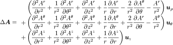\Delta \boldsymbol  A = \begin{array}{l} \displaystyle\quad \left(\frac{\partial^2 A^r}{\partial r^2} + \frac{1}{r^2} \frac{\partial^2 A^r}{\partial \theta^2} + \frac{\partial^2 A^r}{\partial z^2} + \frac{1}{r} \frac{\partial A^r}{\partial r} - \frac{2}{r^2} \frac{\partial A^\theta}{\partial \theta} - \frac{A^r}{r^2}\right) \boldsymbol u_\rho \\ \displaystyle + \left(\frac{\partial^2 A^\theta}{\partial r^2} + \frac{1}{r^2} \frac{\partial^2 A^\theta}{\partial \theta^2} + \frac{\partial^2 A^\theta}{\partial z^2} + \frac{1}{r} \frac{\partial A^\theta}{\partial r} + \frac{2}{r^2} \frac{\partial A^r}{\partial \theta} - \frac{A^\theta}{r^2}\right)\boldsymbol u_\theta \\ \displaystyle + \left(\frac{\partial^2 A^z}{\partial r^2} + \frac{1}{r^2} \frac{\partial^2 A^z}{\partial \theta^2} + \frac{\partial^2 A^z}{\partial z^2} + \frac{1}{r} \frac{\partial A^z}{\partial r}\right)\boldsymbol u_z \end{array} 