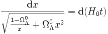  \frac{{\rm d}x}{\sqrt{\frac{1 - \Omega_\Lambda^0}{x} + \Omega_\Lambda^0 x^2}} = {\rm d}(H_0 t)
