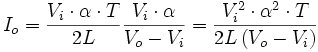 I_o=\frac{V_i\cdot \alpha\cdot T}{2L}\frac{V_i\cdot \alpha}{V_o-V_i}=\frac{V_i^2\cdot \alpha^2\cdot T}{2L\left(V_o-V_i\right)}