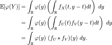 \begin{align}\mathbb{E}[\varphi(Y)] &=  \int_{\mathbb{R}}\varphi(y)\left(\int_{\mathbb{R}}f_{X}(t,y-t)dt\right)\ dy
\\
&=  \int_{\mathbb{R}}\varphi(y)\left(\int_{\mathbb{R}}f_{U}(t)f_{V}(y-t)dt\right)\ dy
\\
&=  \int_{\mathbb{R}}\varphi(y)\ (f_{U}\ast f_{V})(y)\ dy.
\end{align}
