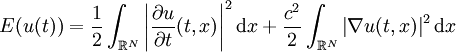  E(u(t))=\frac{1}{2}\int_{\mathbb{R}^N} \left|\frac{\partial u}{\partial t}(t,x)\right|^2\mathrm{d}x+\frac{c^2}{2}\int_{\mathbb{R}^N} \left|\nabla u(t,x)\right|^2\mathrm{d}x 