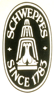 Logos de Schweppes (ancien et actuel) représentant la fontaine mise en place lors de l'exposition universelle de 1851.