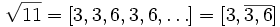 \sqrt {11} = [3,3,6,3,6,\ldots] = [3, \overline{3,6}]