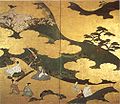 'Genji Monogatari' (Tale of Genji), ink and color on gold paper mounted as a two-panel screen attributed to Tosa Mitsuyoshi.jpg