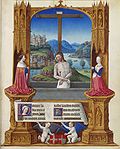 Le Christ aux stigmates devant sa croix et un paysage, entouré du duc et de la duchesse de Savoie agenouillés