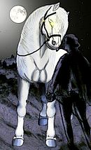 Dessin représentant, sur fond de nuit de pleine lune, un cheval blanc harnaché, dont l’œil émet une lueur jaune, et devant lequel se trouve la silhouette noire d'un homme portant épée.