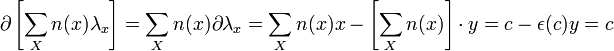 \partial\left[\sum_Xn(x)\lambda_x\right]=\sum_Xn(x)\partial\lambda_x=\sum_Xn(x)x-\left[\sum_Xn(x)\right]\cdot y=c-\epsilon(c)y=c