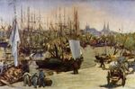 Peinture d'Édouard Manet, Port de Bordeaux, montrant le déchargement des gabarres dans le port.