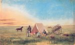 Paul Kane, Camping on the Prairie, huile sur papier imprimée en 1846. La scène montre Paul Kane (1810-1871) accompagné de son guide dans les Grandes Plaines du Dakota.