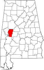 Localisation du Comté de Hale (Alabama) (en rouge) dans l'Alabama