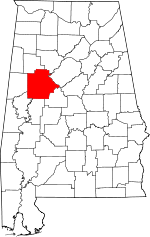 Localisation du comté de Tuscaloosa (en rouge) dans l'Alabama