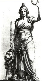 Schéma germanisé de Schwanthaler, le lion est aux pieds de la statue, l'épée est différente de sa forme finale