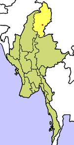 Localisation de l'État de Kachin (en jaune) à l'intérieur de la Birmanie.
