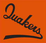 Logo carré de l'équipe, le mot Quakers y est inscrit en diagonale du haut à gauche vers le bas à droite et en noir sur fond rouge.