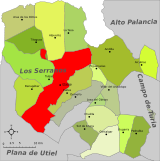 Localisation de Chelva dans la comarque de Los Serranos