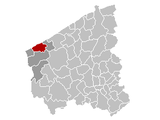 Situation de la commune au sein del'arrondissement de Furnes et dela province de Flandre-Occidentale