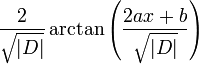 \frac{2}{\sqrt{|D|}} \arctan\left(\frac{2ax+b}{\sqrt{|D|}}\right)