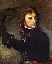 Bonaparte en buste tenant la hampe d'un drapeau qui se déploie derrière lui
