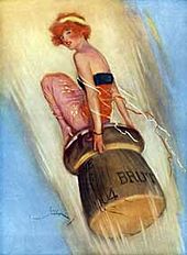 Illustration montrant une ancienne affiche de champagne. Il représente une jeune femme court vêtue, du genre pin'up, propulsée dans les airs par le jaillissement du vin sur un bouchon de champagne. Il s'agit d'une publicité pour le brevage datant de 1915.
