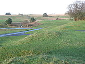 Terrain herbeux vallonné, longé par une route