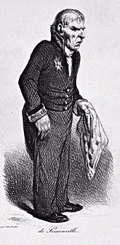 Lithographie par Honoré Daumier, représentant Sémonville âgé en uniforme de grand référendaire, tassé, légèrement vouté