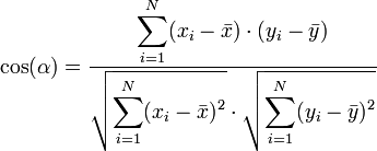 \cos(\alpha) = \dfrac{\displaystyle \sum_{i=1}^N (x_i - \bar x)\cdot(y_i - \bar y)}{\sqrt{\displaystyle \sum_{i=1}^N (x_i - \bar x)^2}\cdot\sqrt{\displaystyle \sum_{i=1}^N (y_i - \bar y)^2}}