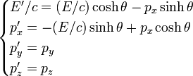 \begin{cases}
E'/c= (E/c)\cosh \theta - p_x \sinh \theta\\
p'_x = -(E/c)\sinh\theta + p_x \cosh\theta\\
p'_y = p_y\\
p'_z =  p_z
\end{cases}
