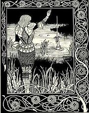 Gravure représentant Sir Bedivere rendant l’épée Excalibur à la Dame du Lac.