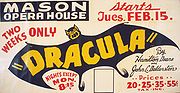 Affiche ancienne du "Mason Opera House" avec une chauve-souris aux ailes ouvertes, noire avec écrit Dracula en lettres jaunes sur le corps