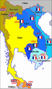 Régions indochinoises sous domination française ou anglaise, avec dates. Pour la partie française : Cochinchine (1864) ; Cambodge (1867, 1907) ; Annam (1874) ; Tonkin (1884) ; Laos (1893).