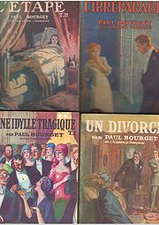Illustrations de pages de couverture des romans de Paul Bourget, colorisation typique des "romans" de gare de cette époque