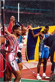 Mens 100m medalists, Sydney2000.jpg