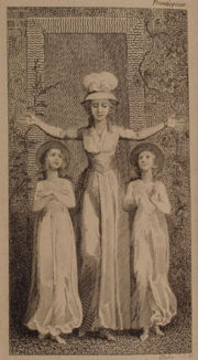 Frontispice des Original Stories, avec l'institutrice levant les bras pour former une croix. Elle a une fillette de chaque côté, et chacune la contemple.