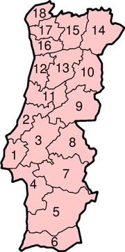 Carte numérotée des districts du Portugal.