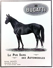 Publicité sur laquelle est représentée un Pur Sang et logo de Bugatti.