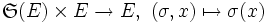 \mathfrak{S} (E) \times E \rightarrow E,\ (\sigma,x) \mapsto \sigma(x)