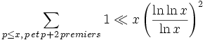 \sum_{p \leq x, \, p \, et \, p+2 \, premiers} 1 \ll x \left ( \frac {\ln \ln x}{\ln x} \right )^2