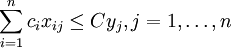 \sum_{i=1}^{n} c_i x_{ij} \leq C y_j, j=1,\ldots,n 
