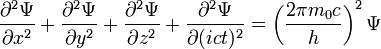  \frac{\partial^2\Psi}{\partial x^2}+\frac{\partial^2\Psi}{\partial y^2}+\frac{\partial^2\Psi}{\partial z^2}+\frac{\partial^2\Psi}{\partial (ict)^2}  = \left(\frac{2\pi m_0 c}{h}\right)^2\Psi