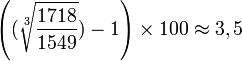 \left((\sqrt[3]{\frac{1718}{1549}}) - 1\right)\times 100 \approx 3,5