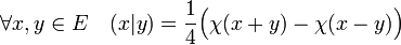 \forall x,y \in E \quad (x|y)=\frac 14\Big(\chi(x+y) - \chi(x-y)\Big)