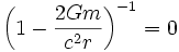 \left(1-\frac{2Gm}{c^2 r}\right)^{-1} = 0