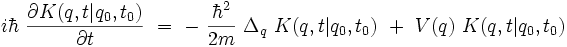 i \hbar \ \frac{\partial K(q,t|q_0,t_0) }{\partial t}  \ = \ - \ \frac{\hbar^2}{2m} \ \Delta_q \ K(q,t|q_0,t_0) \ + \ V(q) \ K(q,t|q_0,t_0)