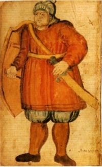 Grettir prêt au combat dans une illustration d'un manuscrit islandais du XVIIe siècle.