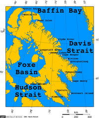 Carte de la Terre de Baffin avec le détroit de Davis à l'Est.